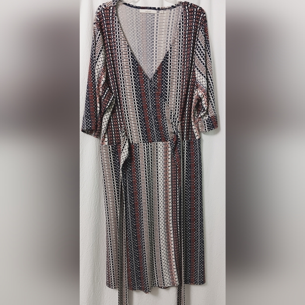 Sejour Elegant Multicolor Patterned V-neck faux wrap dress Size 2X